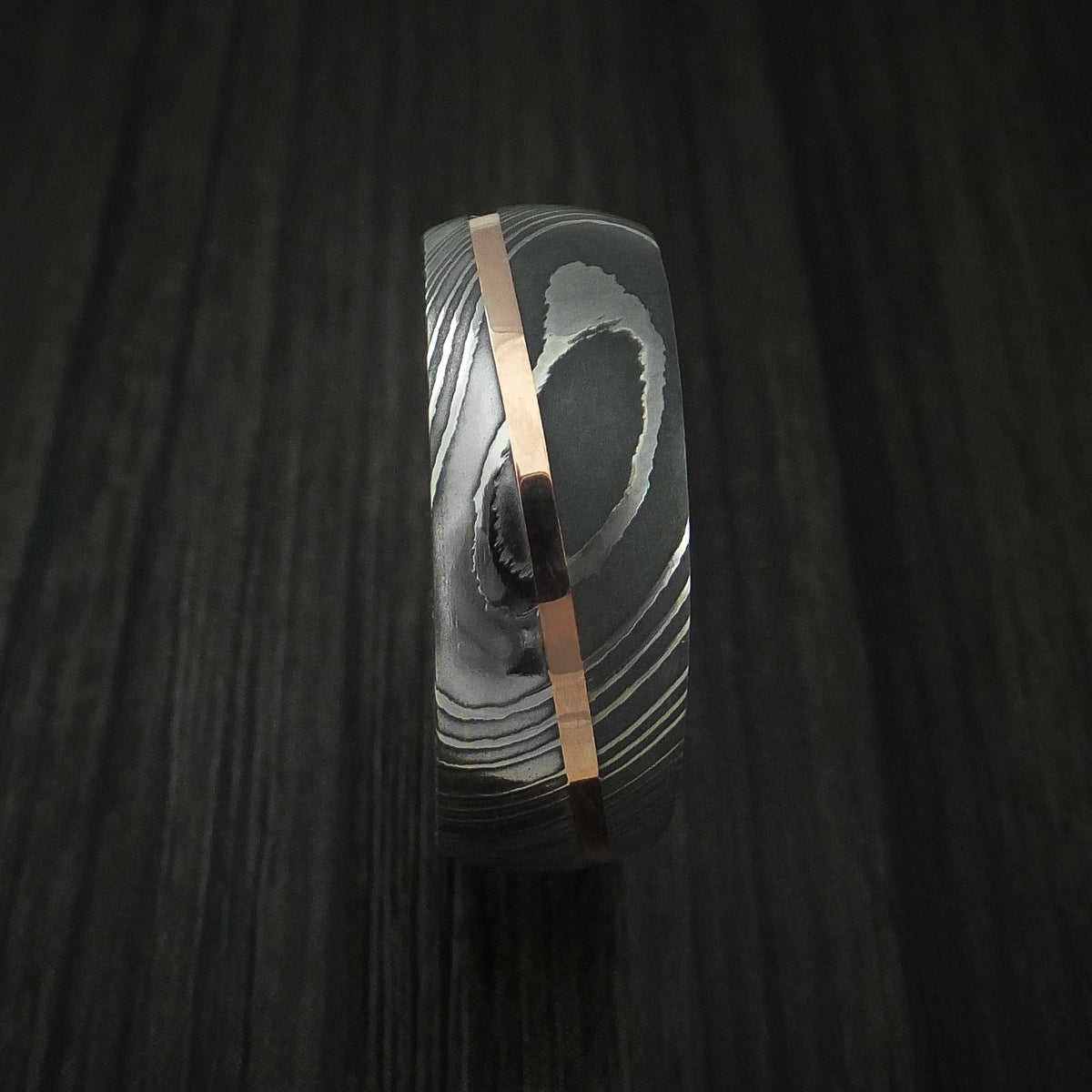 Overlander X - Damascus Steel Diagonal 14K Rose Gold Men's Ring with Hardwood Sleeve Wedding Ring - view 3 - Nura Lab