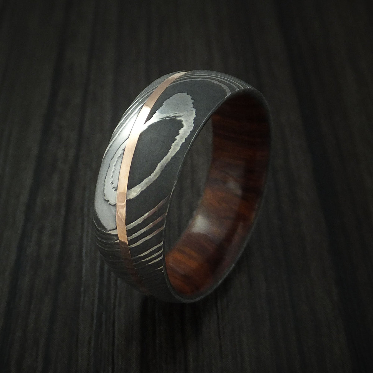 Overlander X - Damascus Steel Diagonal 14K Rose Gold Men's Ring with Hardwood Sleeve Wedding Ring - view 4 - Nura Lab