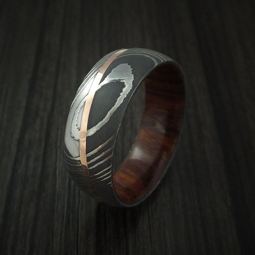 Overlander X - Damascus Steel Diagonal 14K Rose Gold Men's Ring with Hardwood Sleeve Wedding Ring - view 4 - Nura Lab