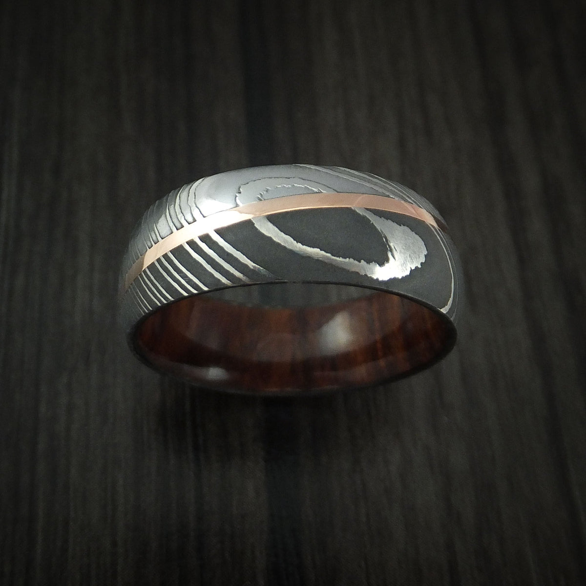 Overlander X - Damascus Steel Diagonal 14K Rose Gold Men's Ring with Hardwood Sleeve Wedding Ring - view 2 - Nura Lab
