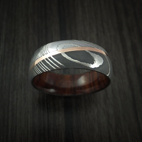 Overlander X - Damascus Steel Diagonal 14K Rose Gold Men's Ring with Hardwood Sleeve Wedding Ring - view 2 - Nura Lab