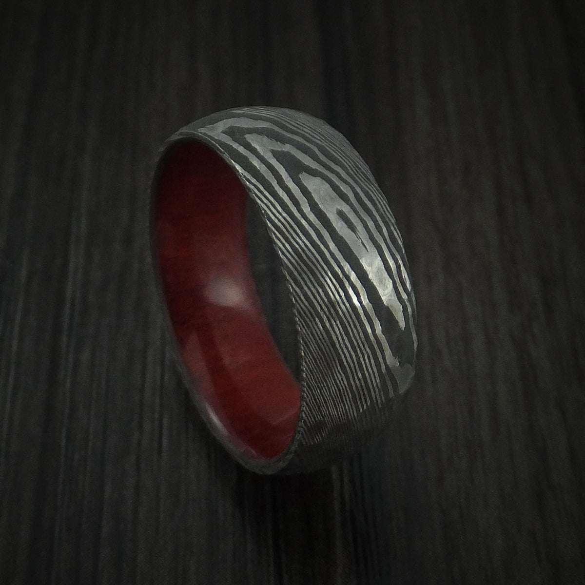 Ironwood X - Damascus Steel Hammered Men's Wedding Ring with Red Heart Wood Sleeve - Nura Lab