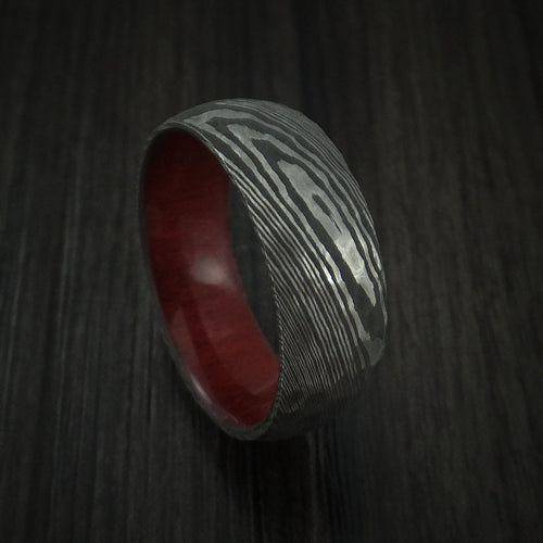 Ironwood X - Damascus Steel Hammered Men's Wedding Ring with Red Heart Wood Sleeve - Nura Lab
