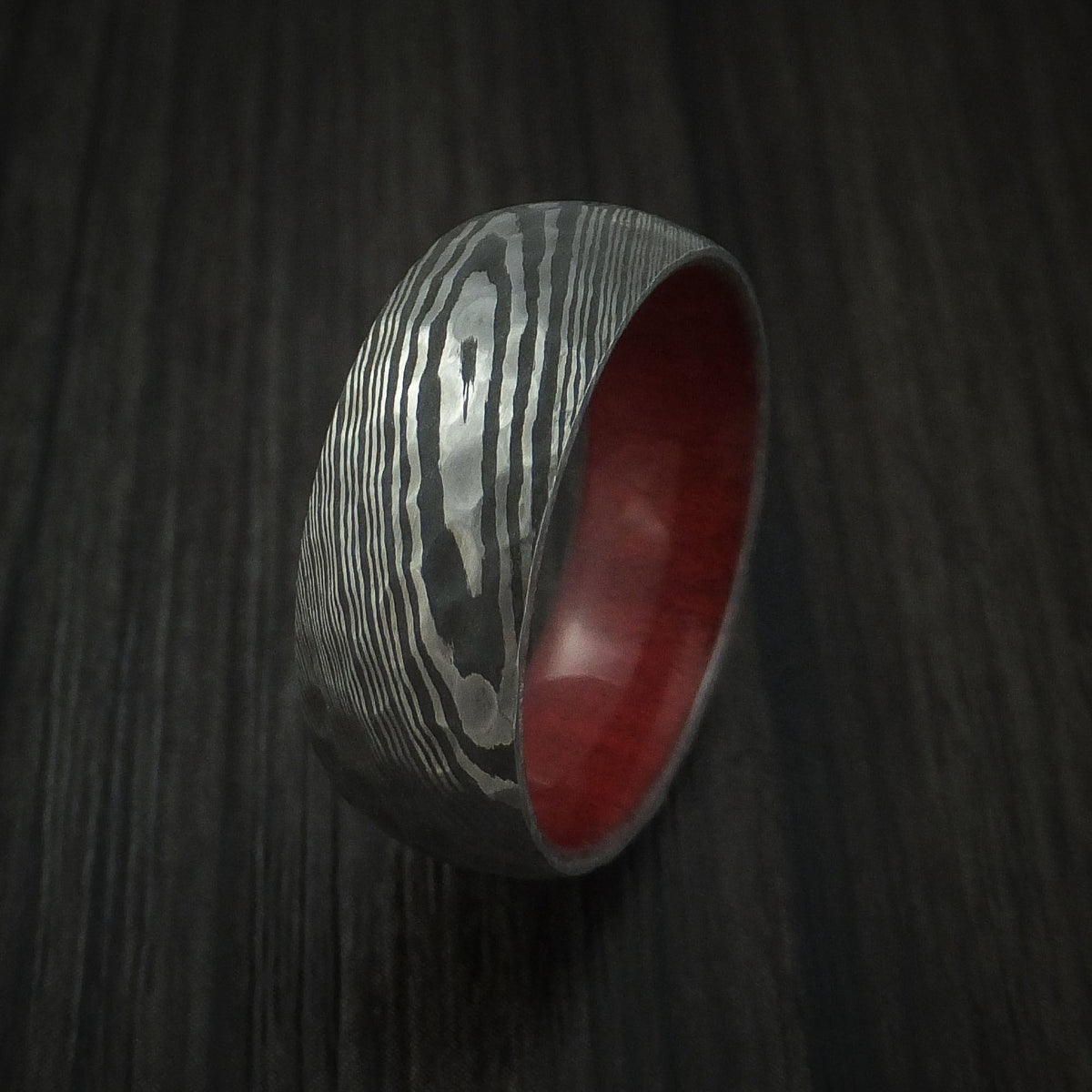 Ironwood X - Damascus Steel Hammered Men's Wedding Ring with Red Heart Wood Sleeve - view 4 - Nura Lab