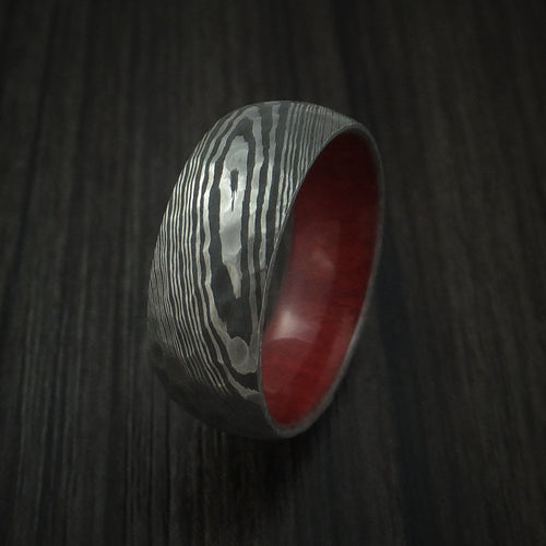 Ironwood X - Damascus Steel Hammered Men's Wedding Ring with Red Heart Wood Sleeve - view 4 - Nura Lab