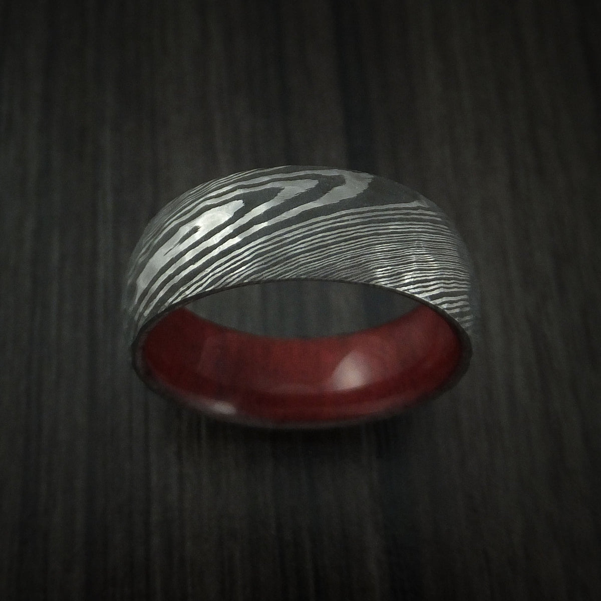 Ironwood X - Damascus Steel Hammered Men's Wedding Ring with Red Heart Wood Sleeve - view 2 - Nura Lab