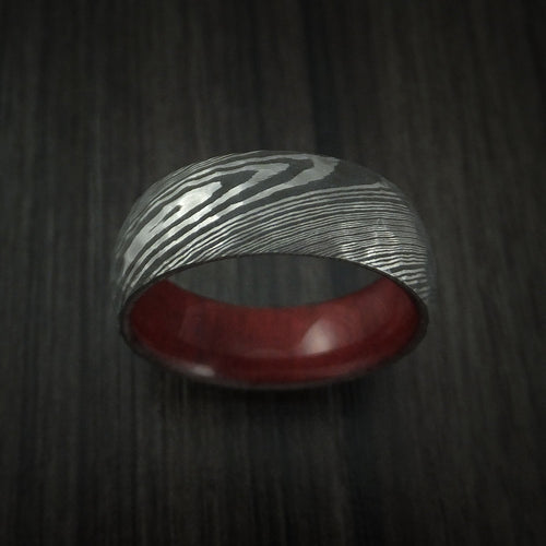 Ironwood X - Damascus Steel Hammered Men's Wedding Ring with Red Heart Wood Sleeve - view 2 - Nura Lab