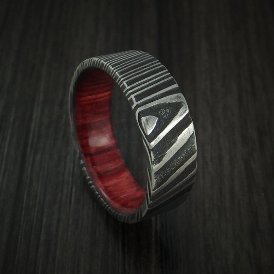 Solstice XI - Woodgrain Kuro Damascus Steel Men's Wedding Ring with Red Heart Wood Hardwood Sleeve Wood Band - Nura Lab