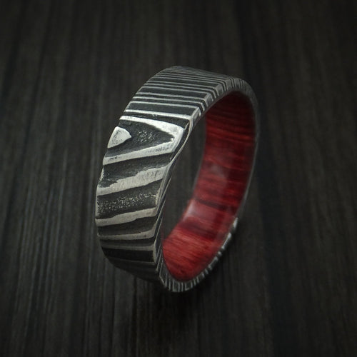 Solstice XI - Woodgrain Kuro Damascus Steel Men's Wedding Ring with Red Heart Wood Hardwood Sleeve Wood Band - view 4 - Nura Lab