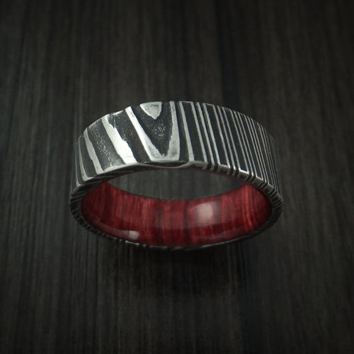 Solstice XI - Woodgrain Kuro Damascus Steel Men's Wedding Ring with Red Heart Wood Hardwood Sleeve Wood Band - view 2 - Nura Lab