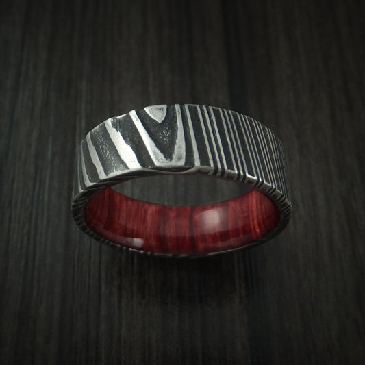 Solstice XI - Woodgrain Kuro Damascus Steel Men's Wedding Ring with Red Heart Wood Hardwood Sleeve Wood Band - view 2 - Nura Lab