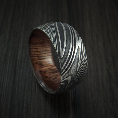 Kingsguard IX - Woodgrain Kuro Damascus Steel Men's Wedding Ring with Koa Wood Hardwood Sleeve Wood Band - Nura Lab