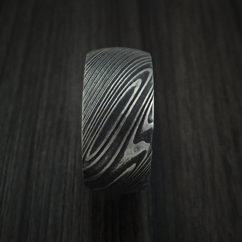 Kingsguard IX - Woodgrain Kuro Damascus Steel Men's Wedding Ring with Koa Wood Hardwood Sleeve Wood Band - view 3 - Nura Lab