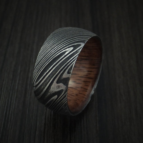 Kingsguard IX - Woodgrain Kuro Damascus Steel Men's Wedding Ring with Koa Wood Hardwood Sleeve Wood Band - view 4 - Nura Lab