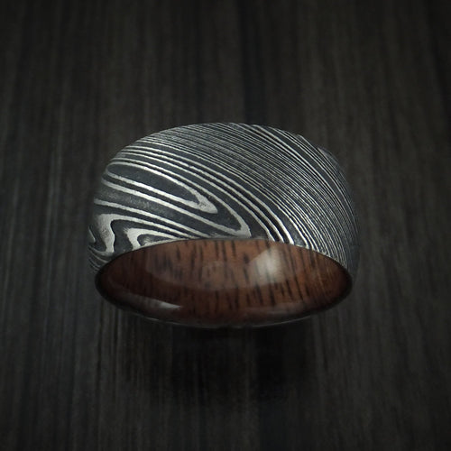 Kingsguard IX - Woodgrain Kuro Damascus Steel Men's Wedding Ring with Koa Wood Hardwood Sleeve Wood Band - view 2 - Nura Lab