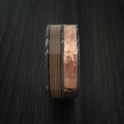 Spartan XI - Damascus Steel Men's Wedding Ring with Guitar String and Hammered Copper Inlays Band - view 2 - Nura Lab