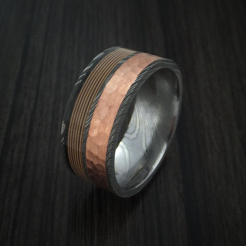 Spartan XI - Damascus Steel Men's Wedding Ring with Guitar String and Hammered Copper Inlays Band - view 3 - Nura Lab