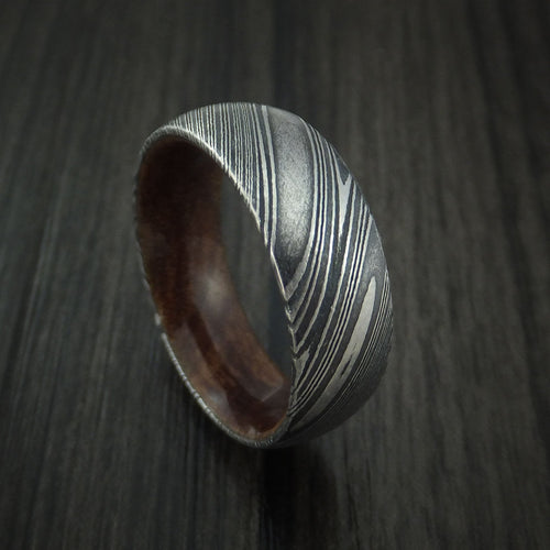 Sterling X - Woodgrain Kuro Damascus Steel Men's Wedding Ring with Hardwood Sleeve Wood Band - Nura Lab