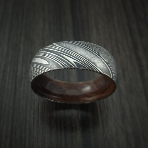 Sterling X - Woodgrain Kuro Damascus Steel Men's Wedding Ring with Hardwood Sleeve Wood Band - view 2 - Nura Lab