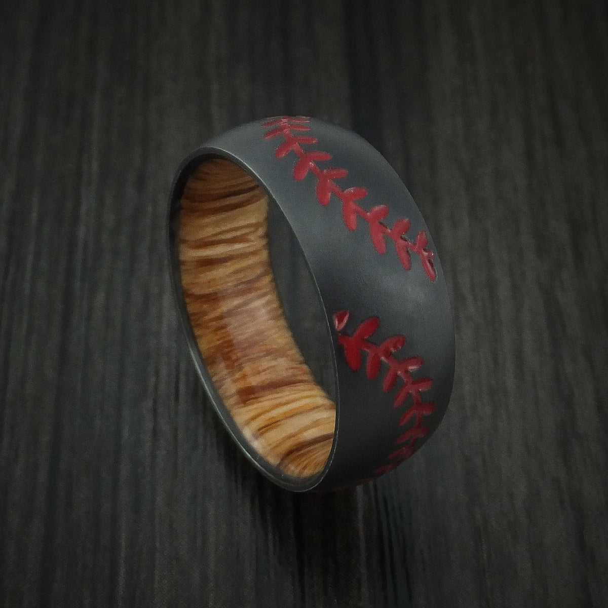 Oak XII - Black Zirconium Double Stitch Baseball Men's Wedding Ring with Custom Color and Hardwood Sleeve - Nura Lab