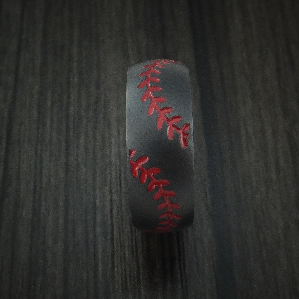 Oak XII - Black Zirconium Double Stitch Baseball Men's Wedding Ring with Custom Color and Hardwood Sleeve - view 4 - Nura Lab