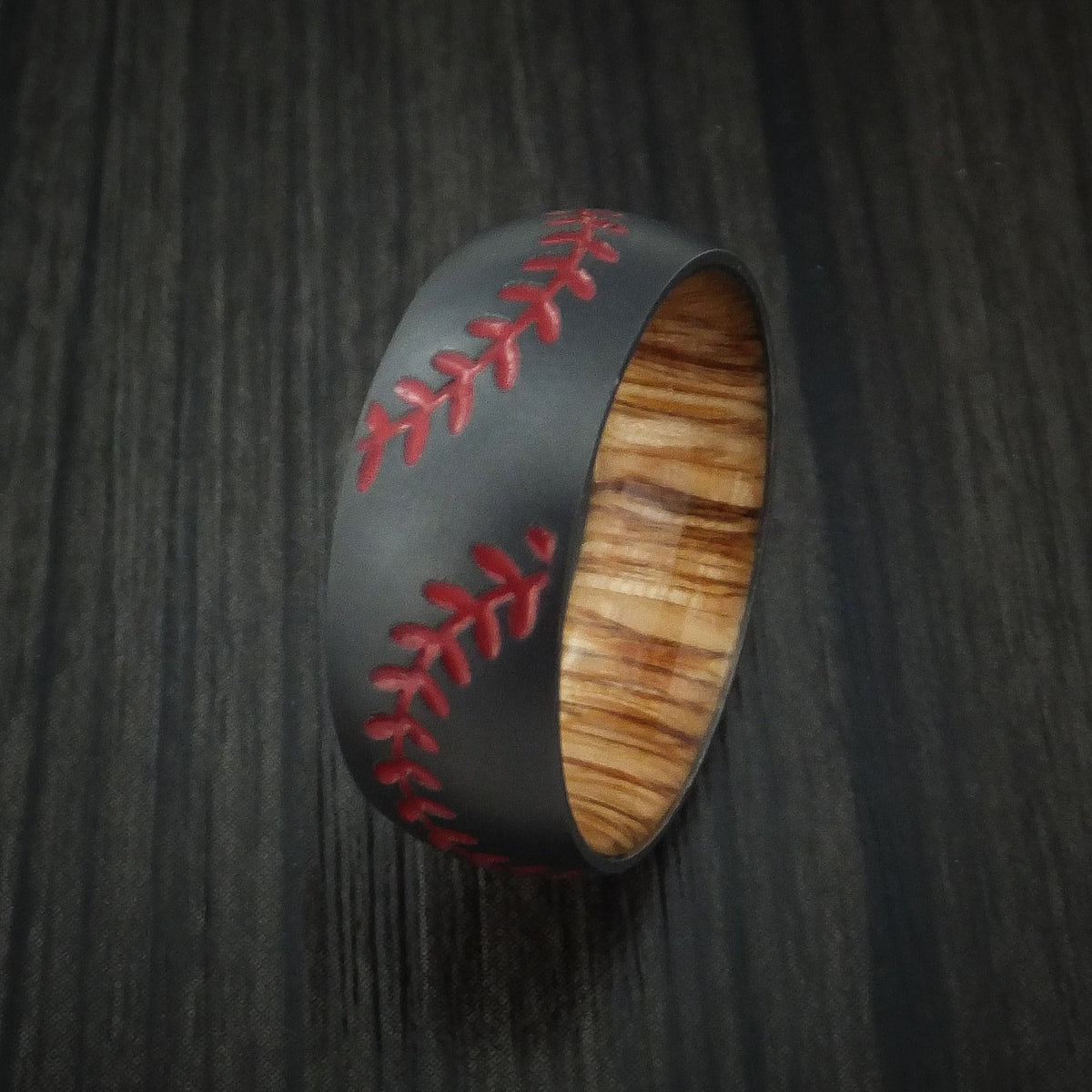 Oak XII - Black Zirconium Double Stitch Baseball Men's Wedding Ring with Custom Color and Hardwood Sleeve - view 5 - Nura Lab