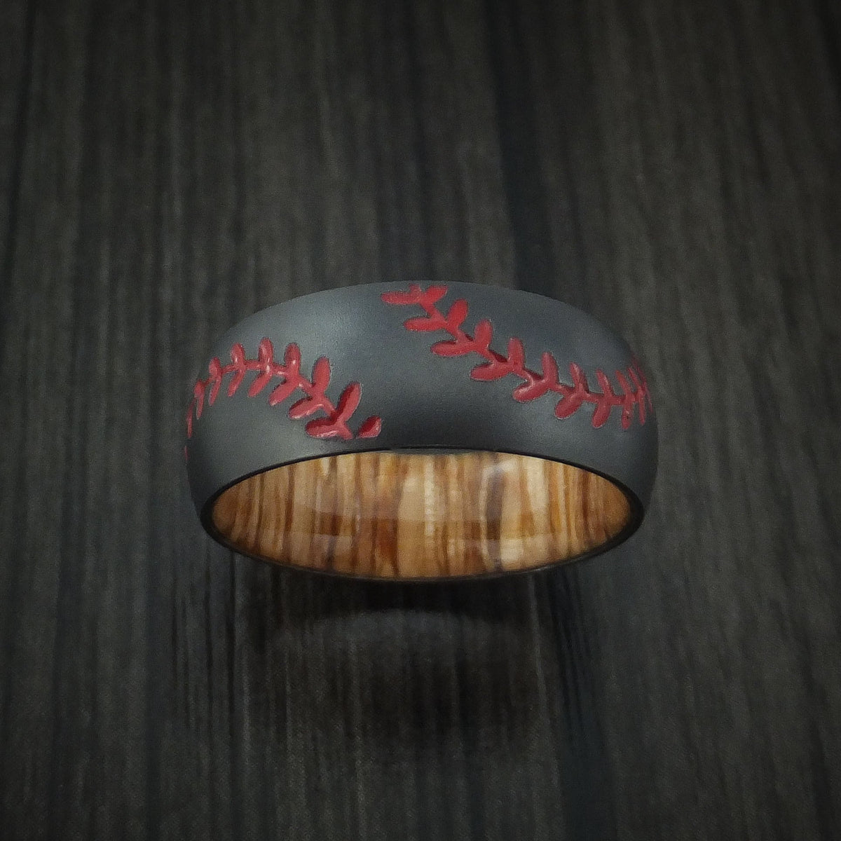 Oak XII - Black Zirconium Double Stitch Baseball Men's Wedding Ring with Custom Color and Hardwood Sleeve - view 2 - Nura Lab