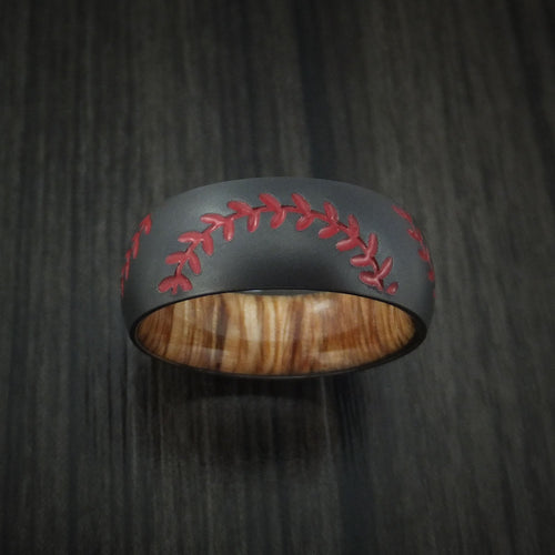 Oak XII - Black Zirconium Double Stitch Baseball Men's Wedding Ring with Custom Color and Hardwood Sleeve - view 3 - Nura Lab