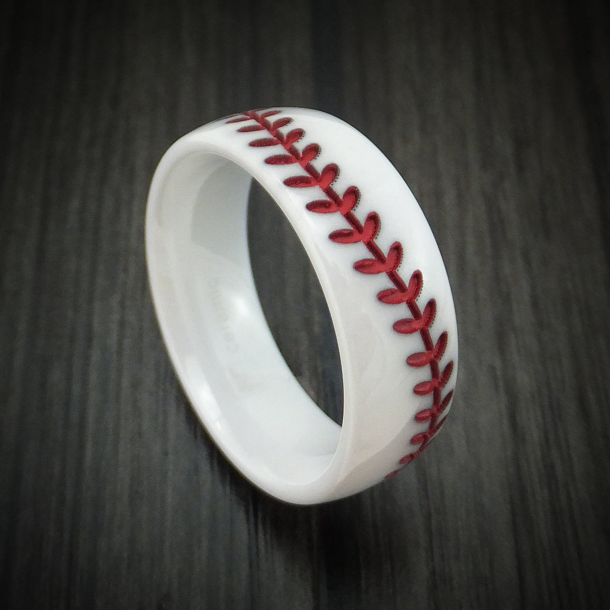 Sentinel XVII - White Ceramic Men's Wedding Ring with Baseball Stitching and Cerakote Inlay Band - Nura Lab