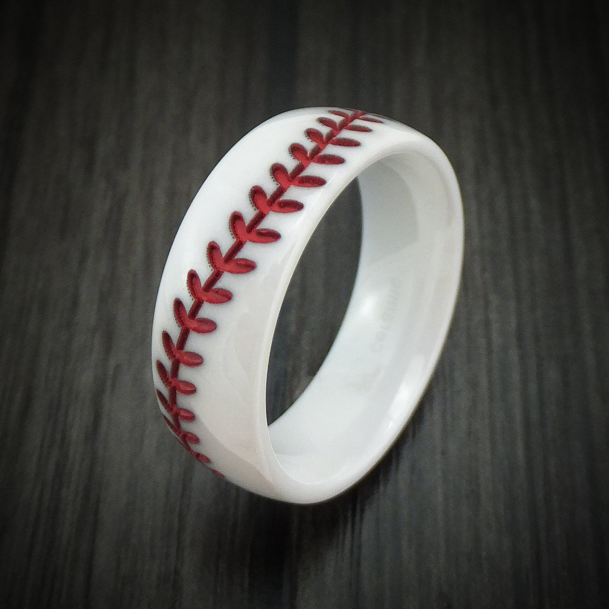 Sentinel XVII - White Ceramic Men's Wedding Ring with Baseball Stitching and Cerakote Inlay Band - view 4 - Nura Lab