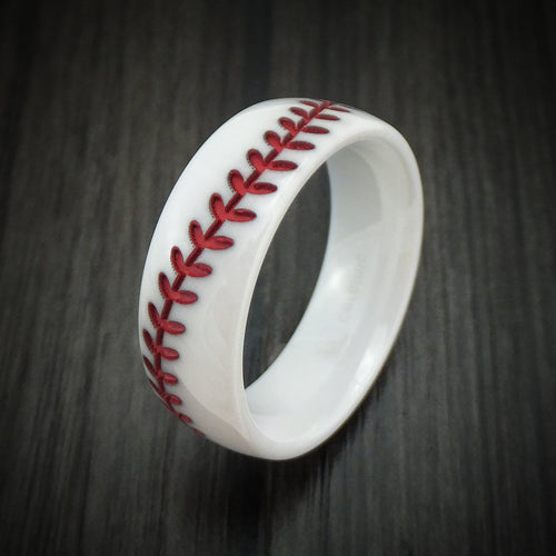 Sentinel XVII - White Ceramic Men's Wedding Ring with Baseball Stitching and Cerakote Inlay Band - view 4 - Nura Lab