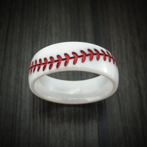 Sentinel XVII - White Ceramic Men's Wedding Ring with Baseball Stitching and Cerakote Inlay Band - view 2 - Nura Lab