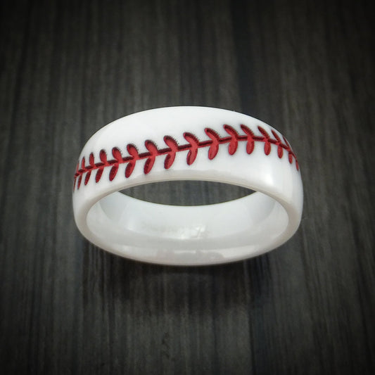 Sentinel XVII - White Ceramic Men's Wedding Ring with Baseball Stitching and Cerakote Inlay Band - view 2 - Nura Lab