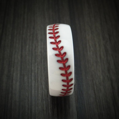 Sentinel XVII - White Ceramic Men's Wedding Ring with Baseball Stitching and Cerakote Inlay Band - view 3 - Nura Lab