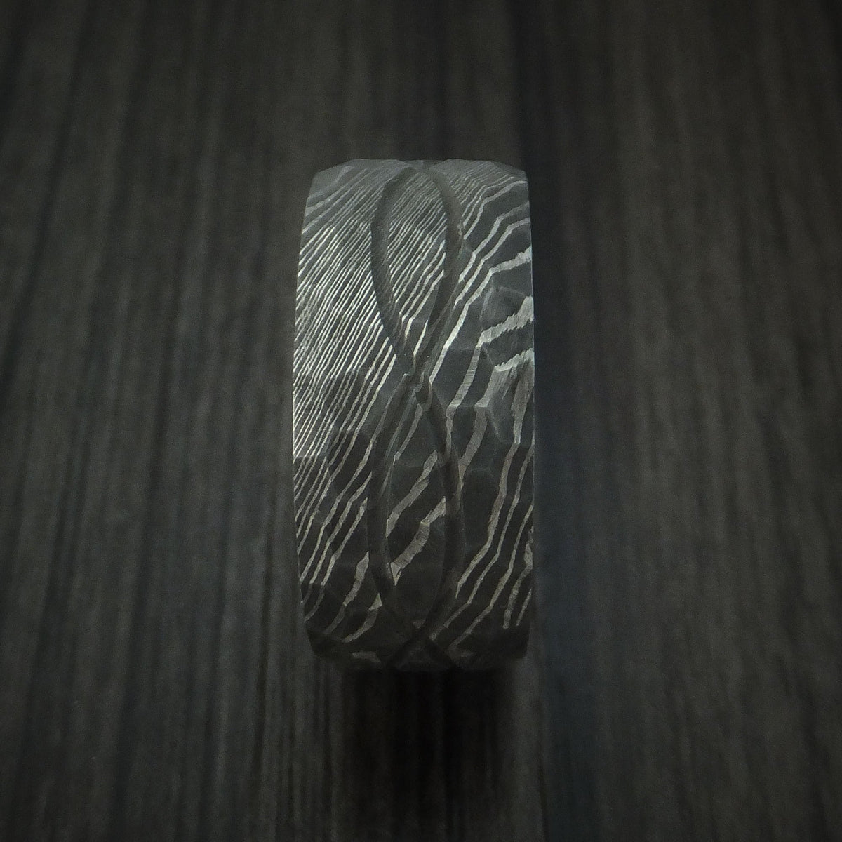 Oak IX - Damascus Steel Hammered Celtic Knot Men's Ring Infinity Design with Hardwood Sleeve Wedding Ring - view 3 - Nura Lab