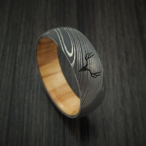 Ash IX - Damascus Steel Men's Wedding Ring with Wood Sleeve and Custom Buck Engraving Men's Band - Nura Lab