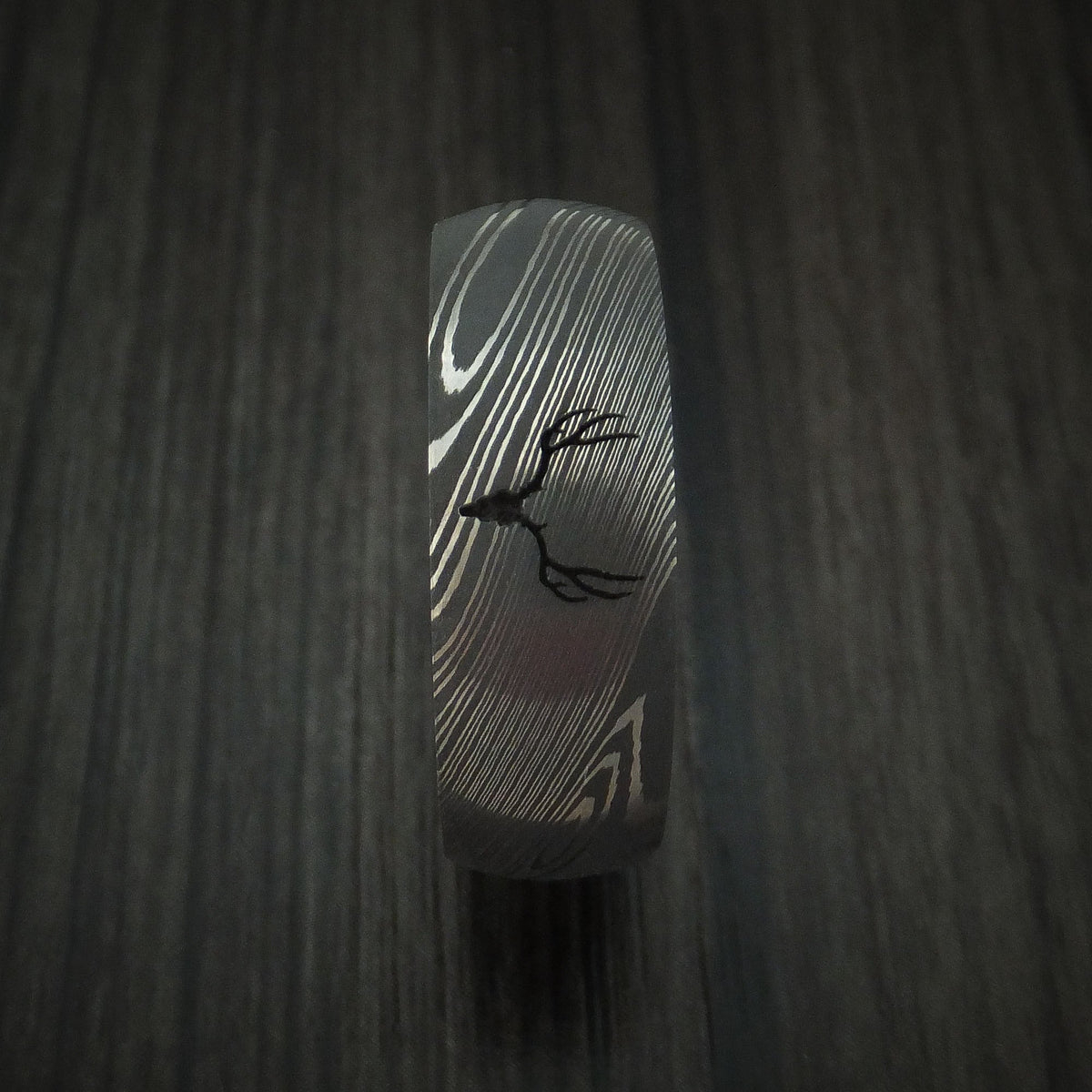 Ash IX - Damascus Steel Men's Wedding Ring with Wood Sleeve and Custom Buck Engraving Men's Band - view 3 - Nura Lab