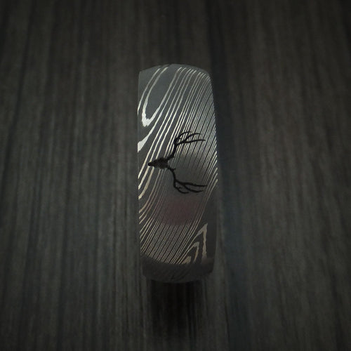 Ash IX - Damascus Steel Men's Wedding Ring with Wood Sleeve and Custom Buck Engraving Men's Band - view 3 - Nura Lab