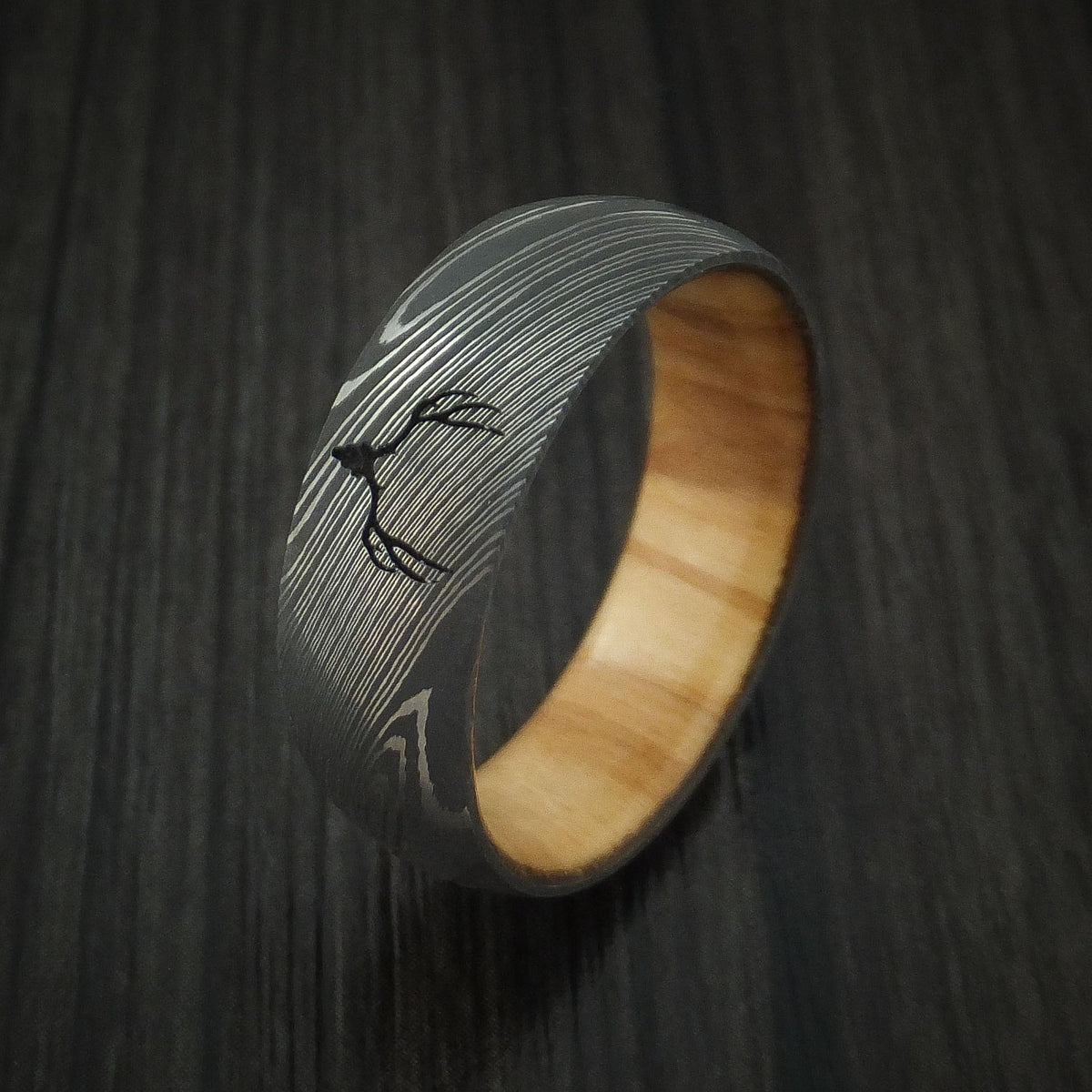 Ash IX - Damascus Steel Men's Wedding Ring with Wood Sleeve and Custom Buck Engraving Men's Band - view 4 - Nura Lab