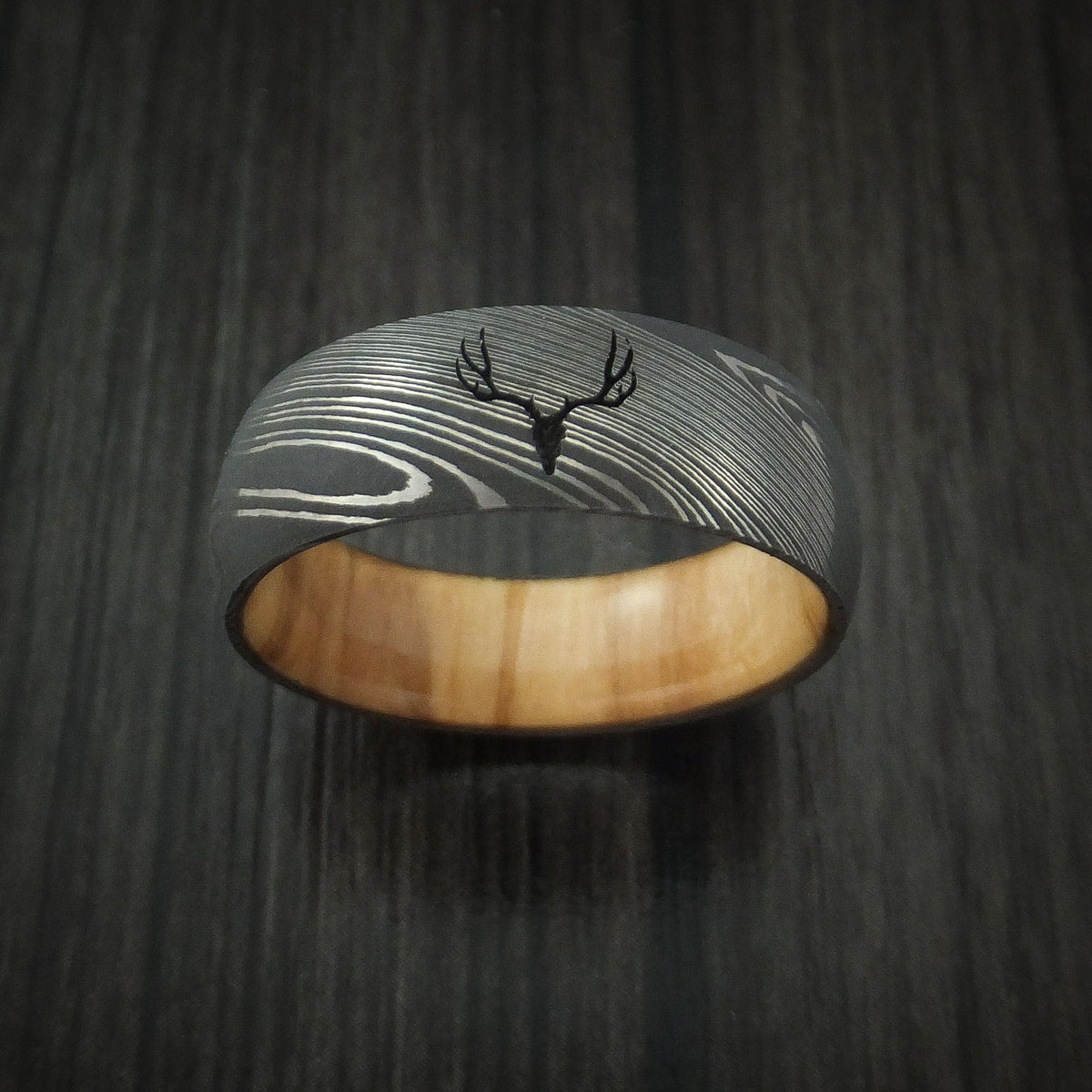 Ash IX - Damascus Steel Men's Wedding Ring with Wood Sleeve and Custom Buck Engraving Men's Band - view 2 - Nura Lab