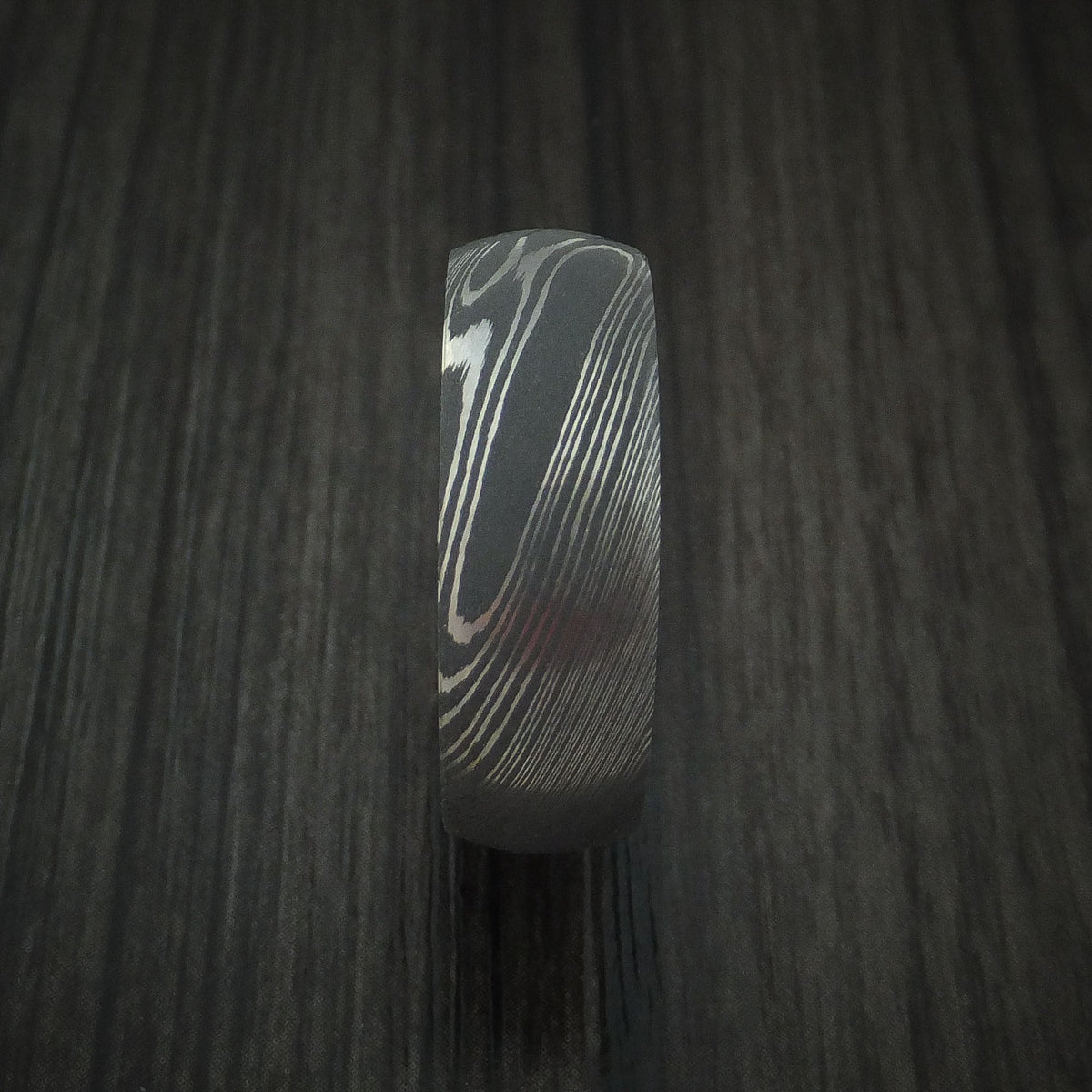 Heritage X - Damascus Steel Men's Wedding Ring with Olive Wood Hardwood Interior Sleeve - view 3 - Nura Lab