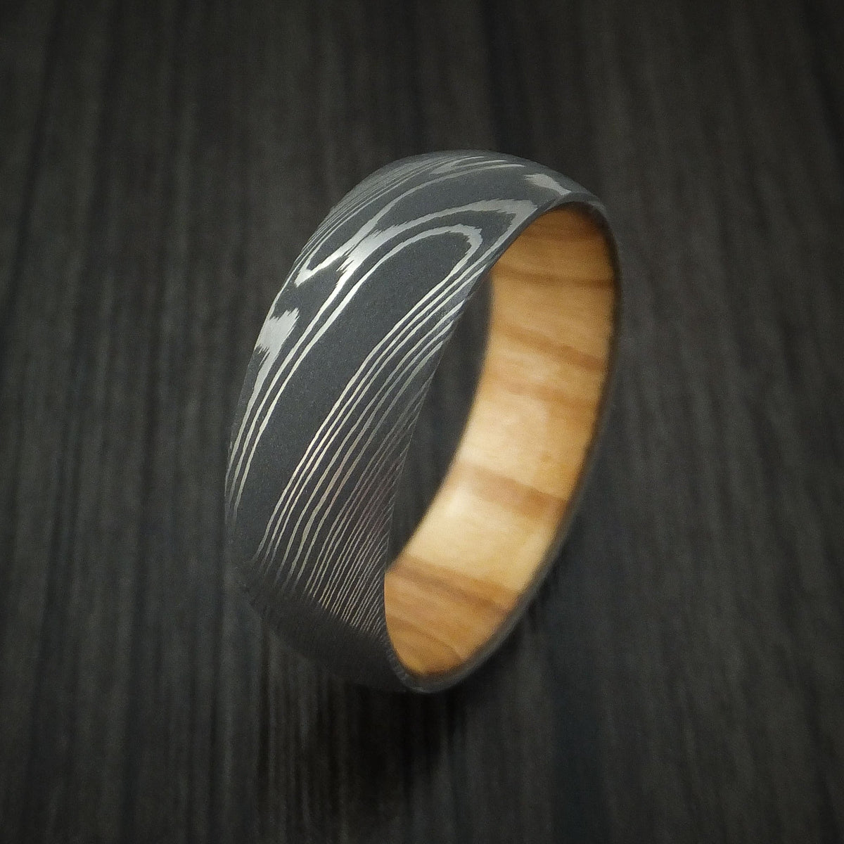 Heritage X - Damascus Steel Men's Wedding Ring with Olive Wood Hardwood Interior Sleeve - view 4 - Nura Lab