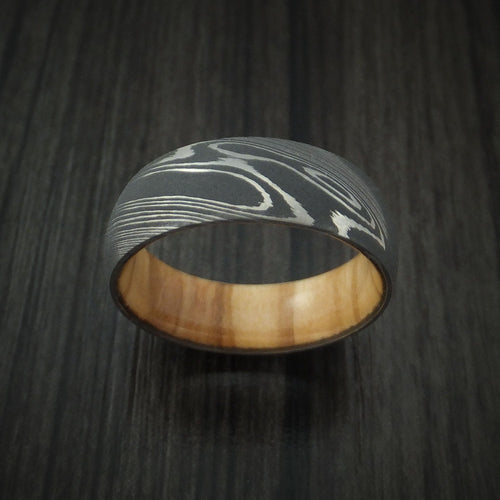 Heritage X - Damascus Steel Men's Wedding Ring with Olive Wood Hardwood Interior Sleeve - view 2 - Nura Lab