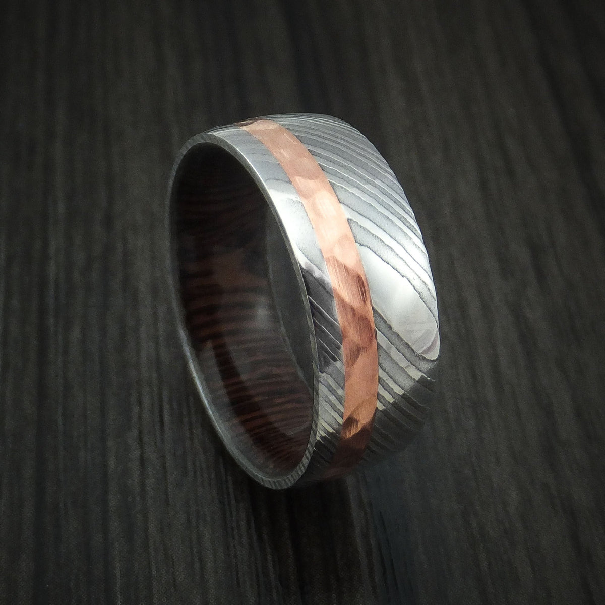 Endeavour X - Damascus Steel and Hammered Copper Men's Wedding Ring with Wenge Wood Hardwood Sleeve - Nura Lab