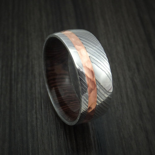 Endeavour X - Damascus Steel and Hammered Copper Men's Wedding Ring with Wenge Wood Hardwood Sleeve - Nura Lab