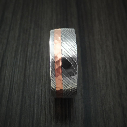 Endeavour X - Damascus Steel and Hammered Copper Men's Wedding Ring with Wenge Wood Hardwood Sleeve - view 3 - Nura Lab