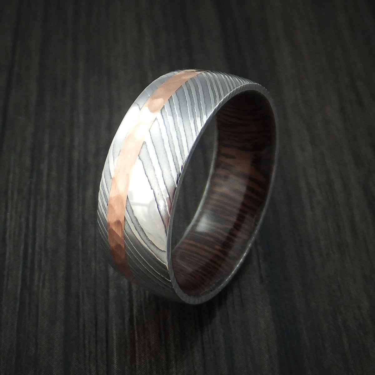 Endeavour X - Damascus Steel and Hammered Copper Men's Wedding Ring with Wenge Wood Hardwood Sleeve - view 4 - Nura Lab