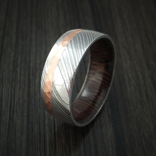 Endeavour X - Damascus Steel and Hammered Copper Men's Wedding Ring with Wenge Wood Hardwood Sleeve - view 4 - Nura Lab