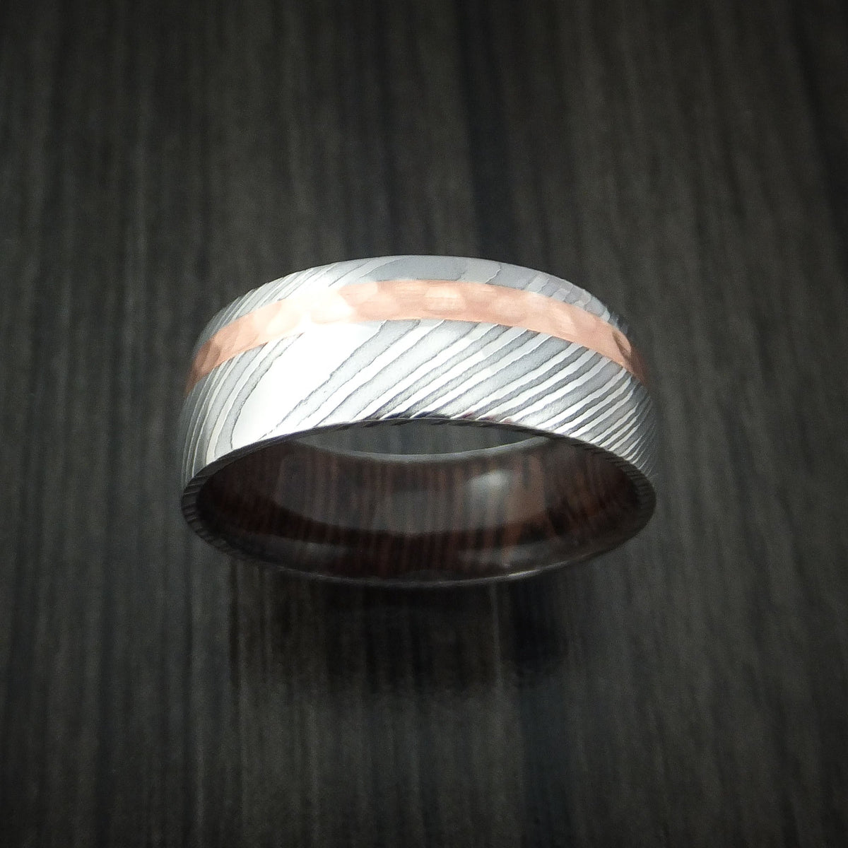 Endeavour X - Damascus Steel and Hammered Copper Men's Wedding Ring with Wenge Wood Hardwood Sleeve - view 2 - Nura Lab