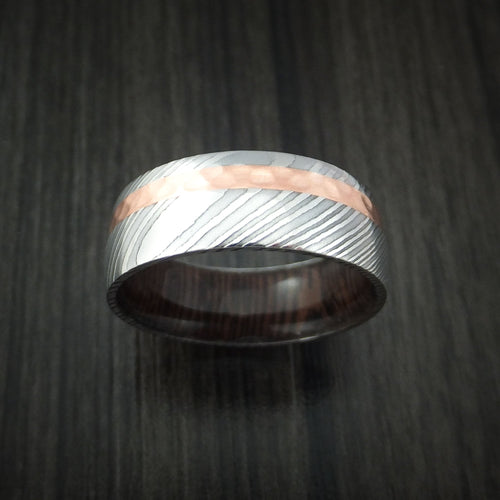 Endeavour X - Damascus Steel and Hammered Copper Men's Wedding Ring with Wenge Wood Hardwood Sleeve - view 2 - Nura Lab